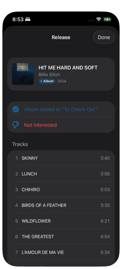 Uma tela de confirmação mostrando um álbum adicionado à playlist "Para Conferir", com uma opção Sem Interesse logo abaixo.