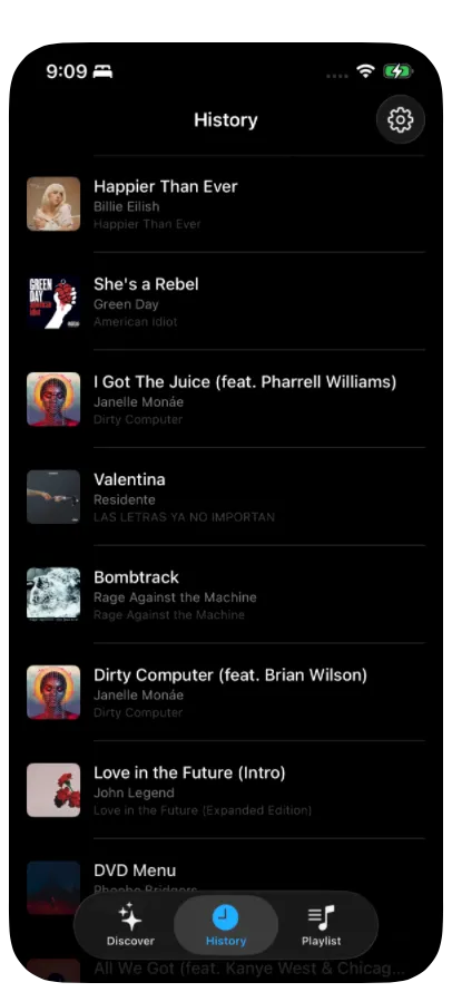 A aba Histórico mostrando faixas ouvidas em playlists e no rádio, com nomes de artista e álbum.